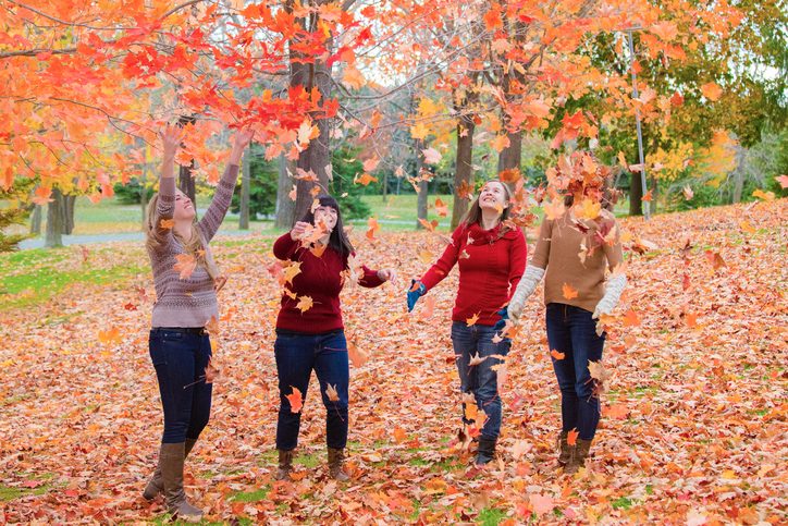 des femmes jouent dans les feuilles mortes