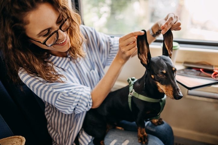 une femme et son chien dans un train