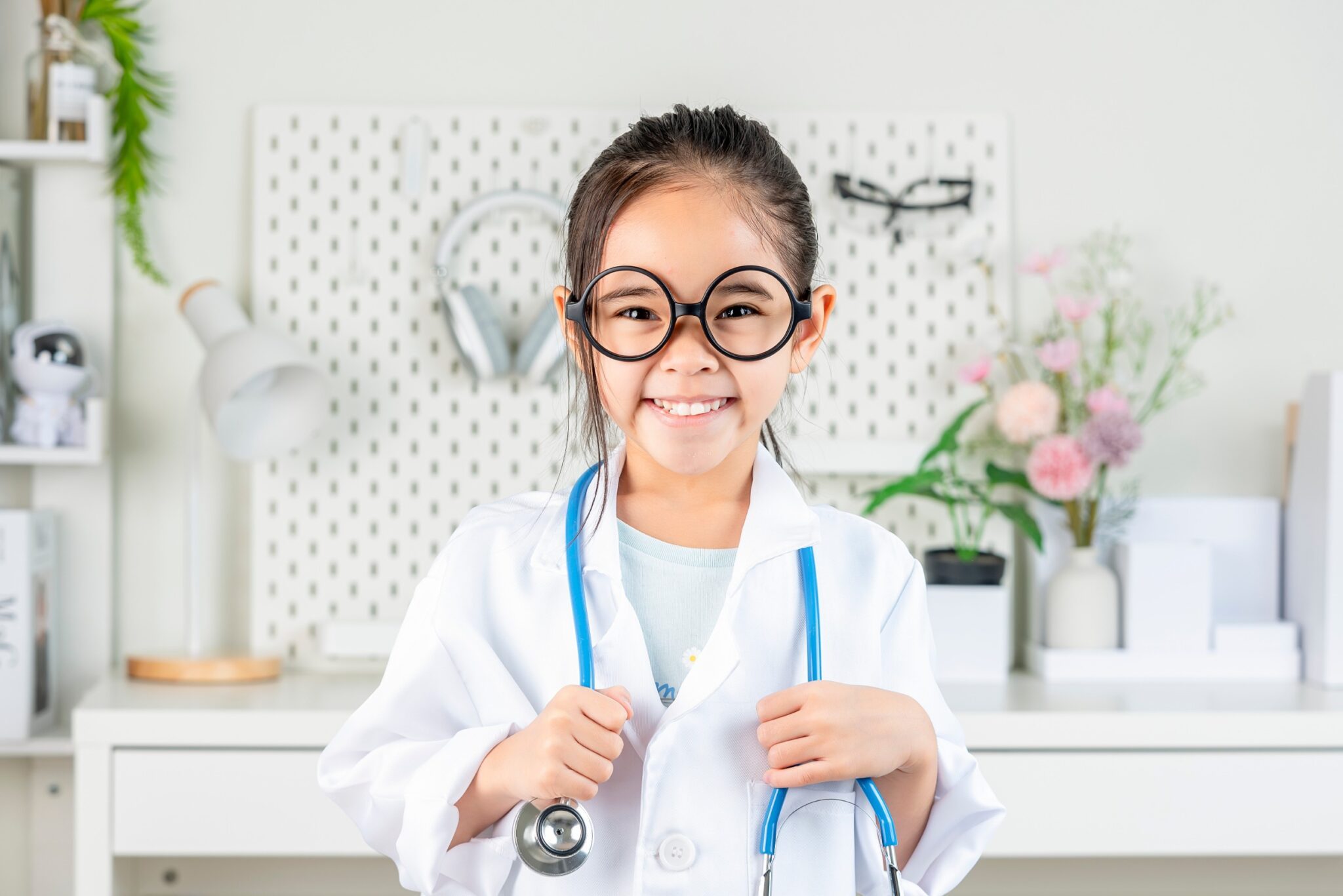 une petite fille brune est déguisée en médecin 