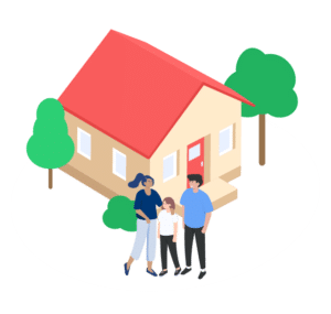 Maison à toiture rouge avec une famille