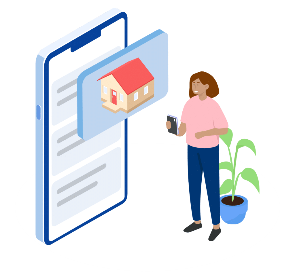 Téléphone avec l'image d'une maison, et une femme qui regarde son téléphone