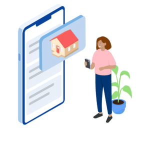 Téléphone avec l'image d'une maison, et une femme qui regarde son téléphone