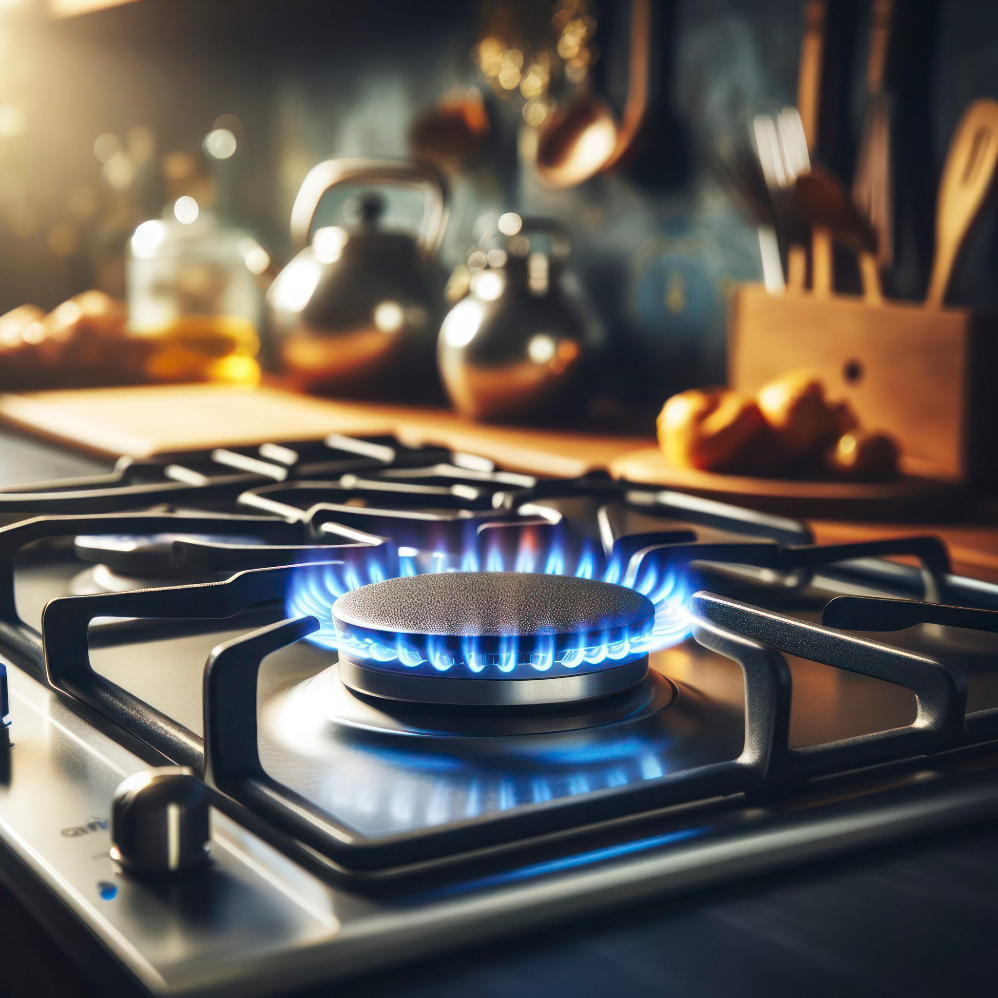 une plaque de cuisson au gaz est allumée