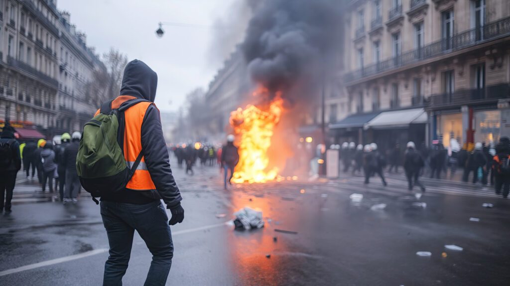 un homme de dos face à un feu provoqué durant une manifestation
